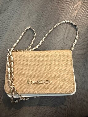 bebe Beige Woven Crossbody Bag with Gold Chain